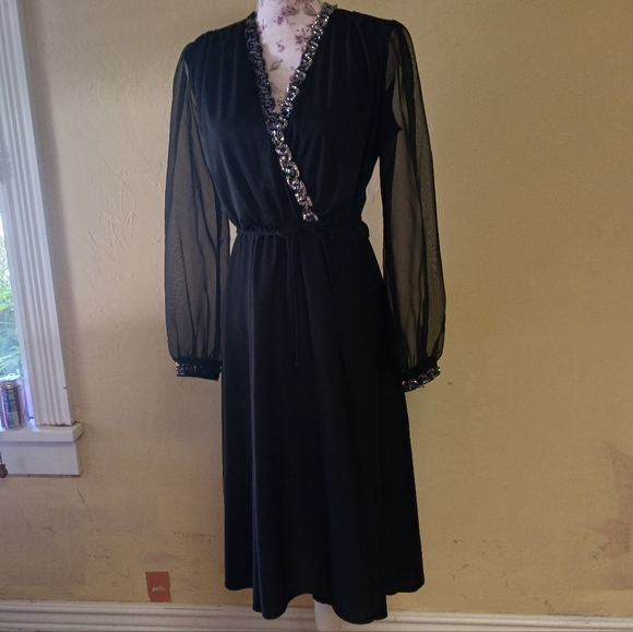 Vintage Union made fancy black sheer sleeve secretary midi dress sequin detail 8 - Picture 1 of 12